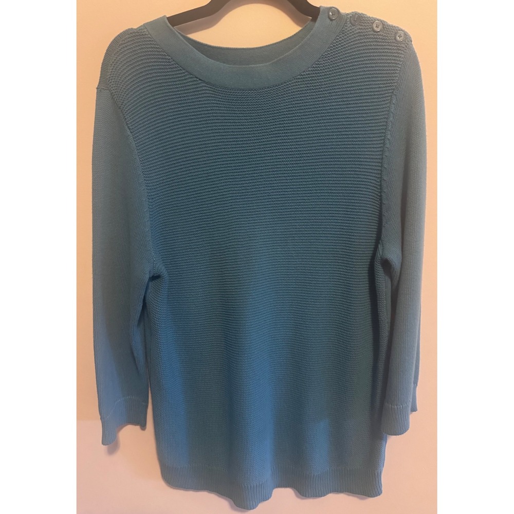 Talbots XL Blue 100 Cotton Garter Stitch Button Shoulder Sweater Classic Preppy